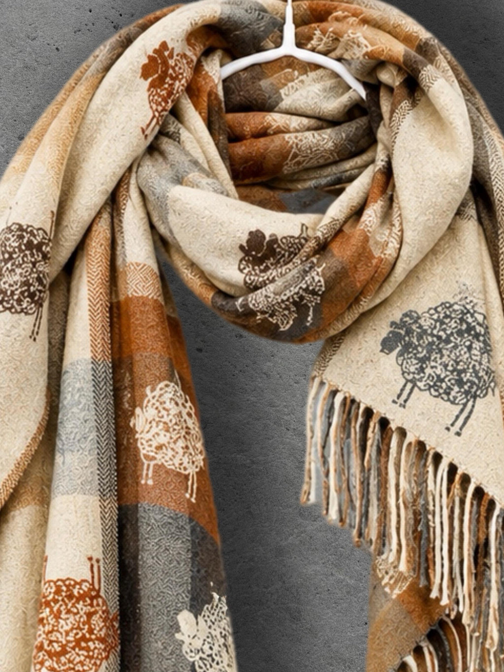 Cream Sheep Reversible Winter Scarf, Rustic Farm Animal Print, Checked Warm Wrap, Soft Autumn Accessory, Cosy Gift for Her