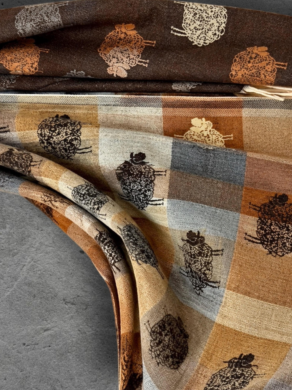 Brown Camel Checked Sheep Scarf, Reversible Winter Wrap, Country Animal Design, Neutral Warm Accessory, Ideal Gifts for Her