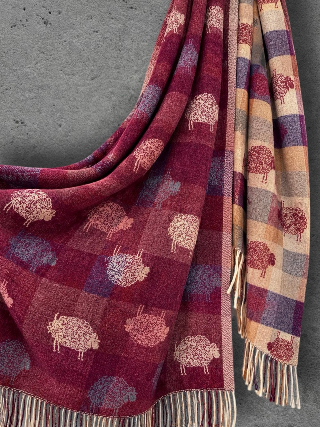Double Sided Burgundy Sheep Reversible Winter Scarf, Berry Red Wrap for Women, Animal Lover Shawl, Cosy Gifts for Her