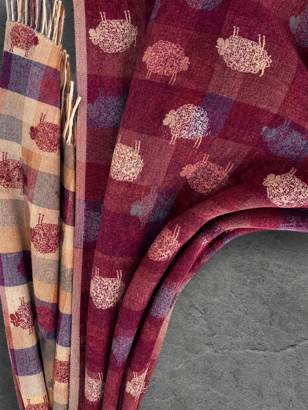 Double Sided Burgundy Sheep Reversible Winter Scarf, Berry Red Wrap for Women, Animal Lover Shawl, Cosy Gifts for Her