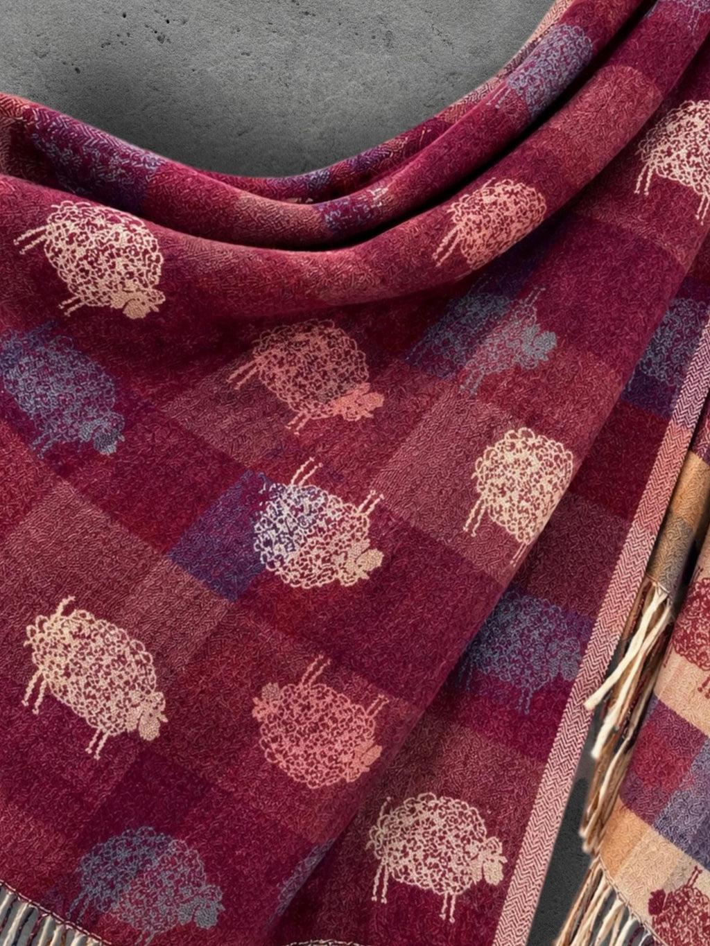 Double Sided Burgundy Sheep Reversible Winter Scarf, Berry Red Wrap for Women, Animal Lover Shawl, Cosy Gifts for Her