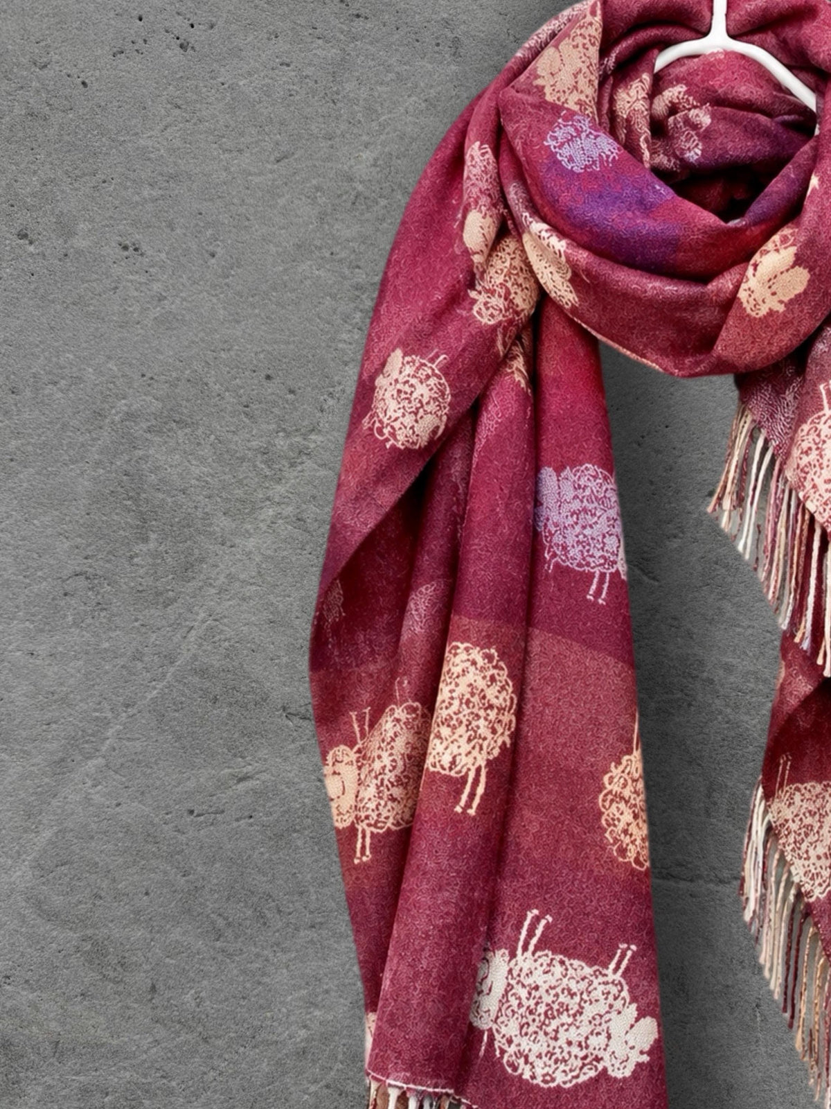 Double Sided Burgundy Sheep Reversible Winter Scarf, Berry Red Wrap for Women, Animal Lover Shawl, Cosy Gifts for Her