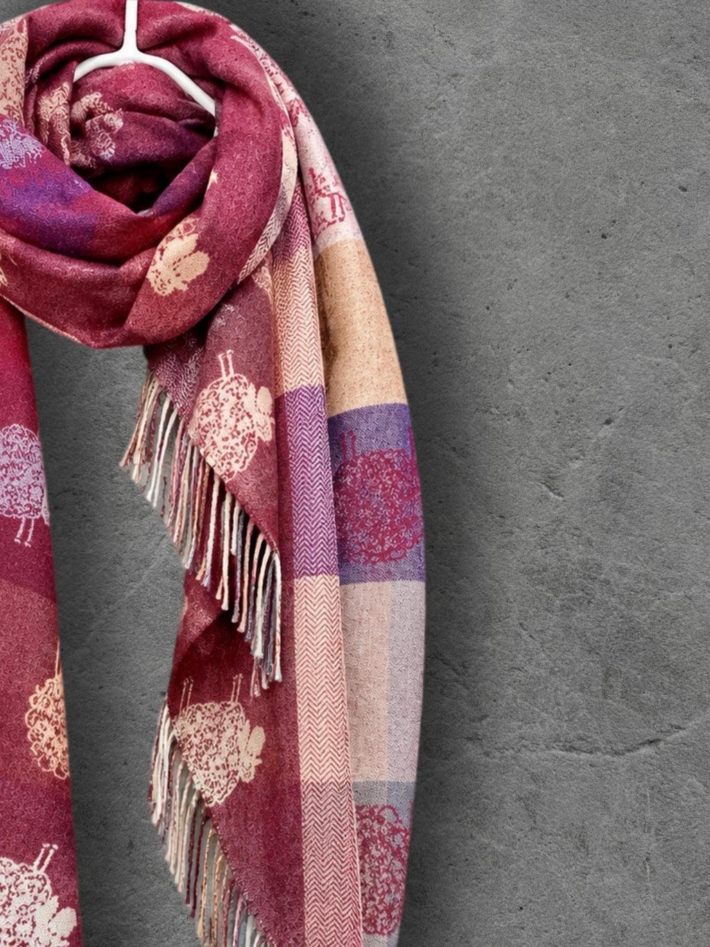 Double Sided Burgundy Sheep Reversible Winter Scarf, Berry Red Wrap for Women, Animal Lover Shawl, Cosy Gifts for Her