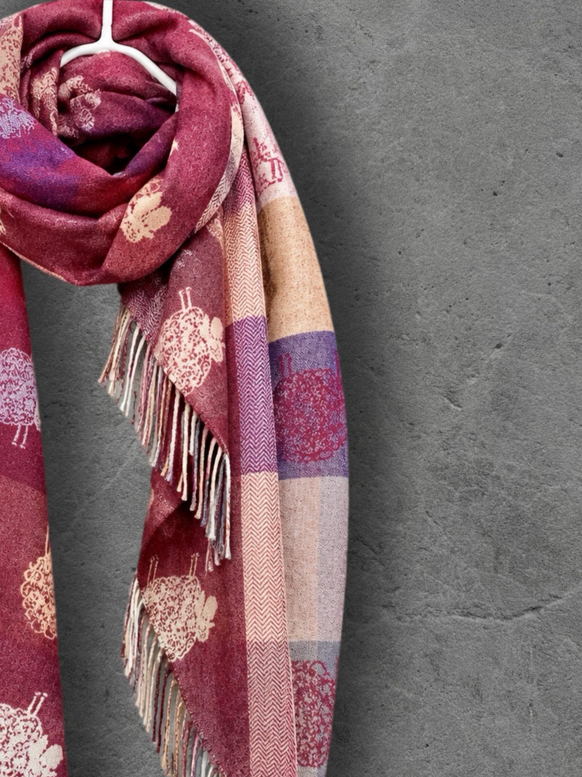 Double Sided Burgundy Sheep Reversible Winter Scarf, Berry Red Wrap for Women, Animal Lover Shawl, Cosy Gifts for Her