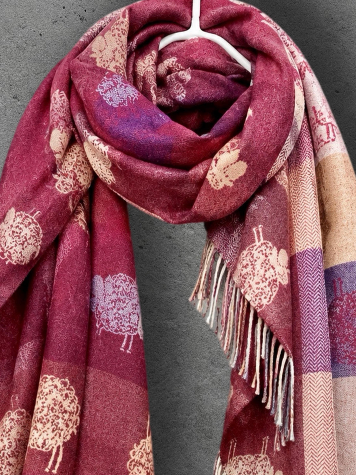Double Sided Burgundy Sheep Reversible Winter Scarf, Berry Red Wrap for Women, Animal Lover Shawl, Cosy Gifts for Her