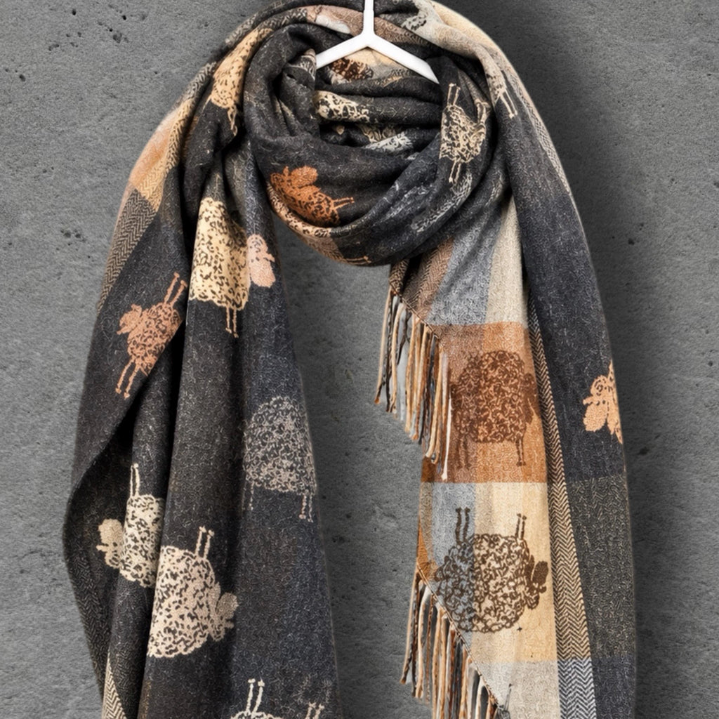 Black Charcoal Sheep Winter Scarf, Reversible Checked Wrap, Cute Farm Animal Pattern, Warm Neutral Accessory, Cosy Seasonal Gift