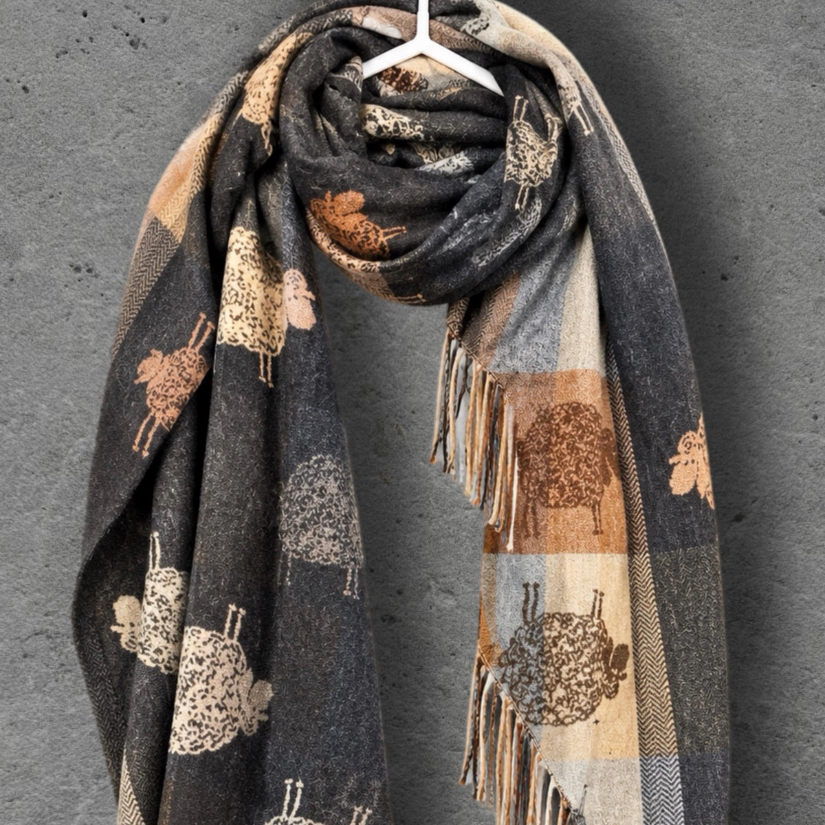 Black Charcoal Sheep Winter Scarf, Reversible Checked Wrap, Cute Farm Animal Pattern, Warm Neutral Accessory, Cosy Seasonal Gift