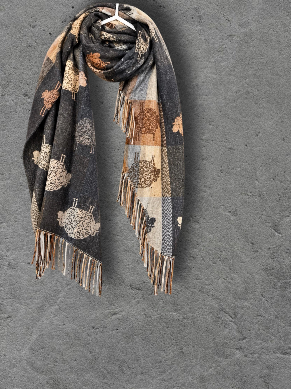Black Charcoal Sheep Winter Scarf, Reversible Checked Wrap, Cute Farm Animal Pattern, Warm Neutral Accessory, Cosy Seasonal Gift