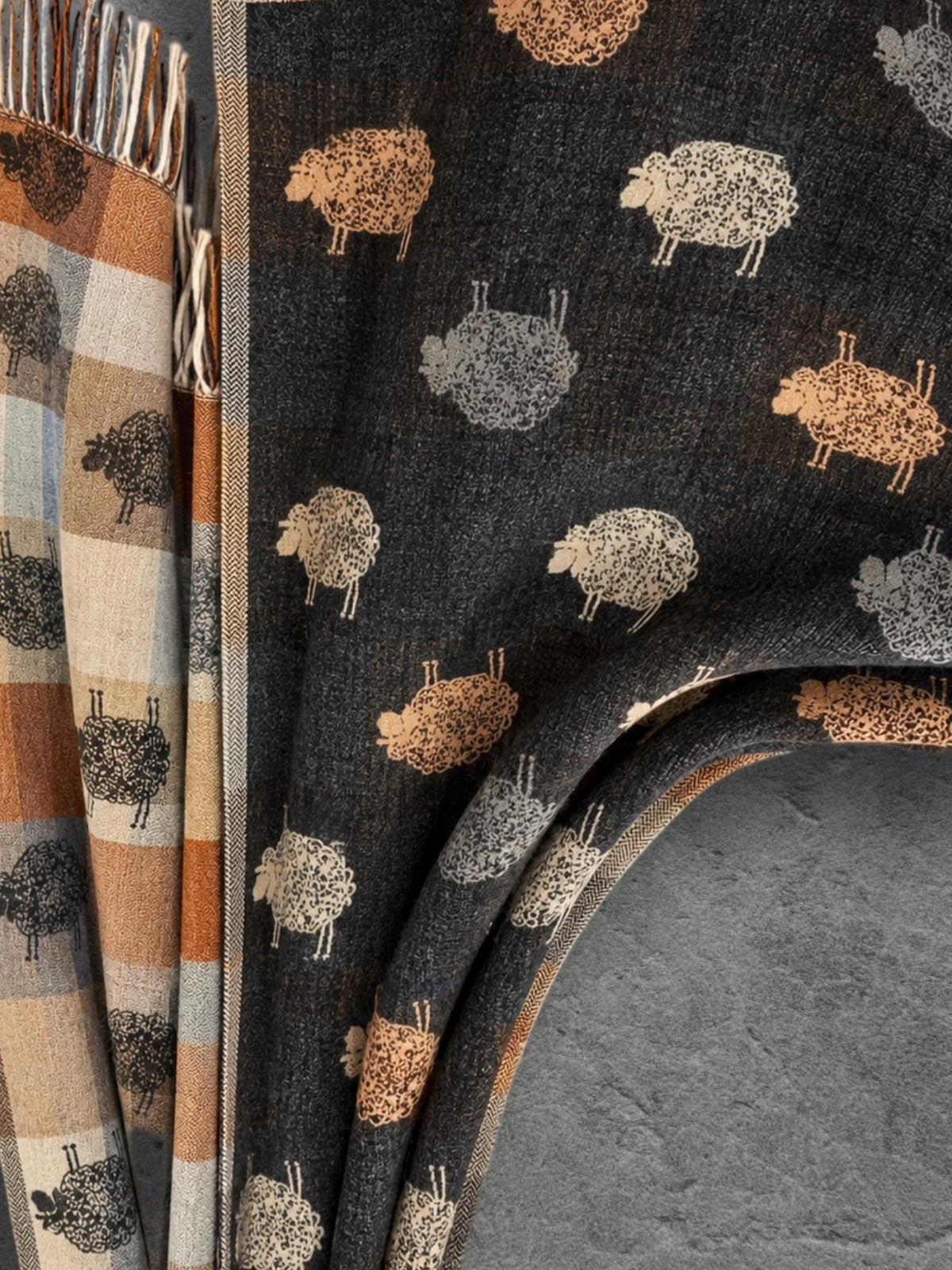 Black Charcoal Sheep Winter Scarf, Reversible Checked Wrap, Cute Farm Animal Pattern, Warm Neutral Accessory, Cosy Seasonal Gift