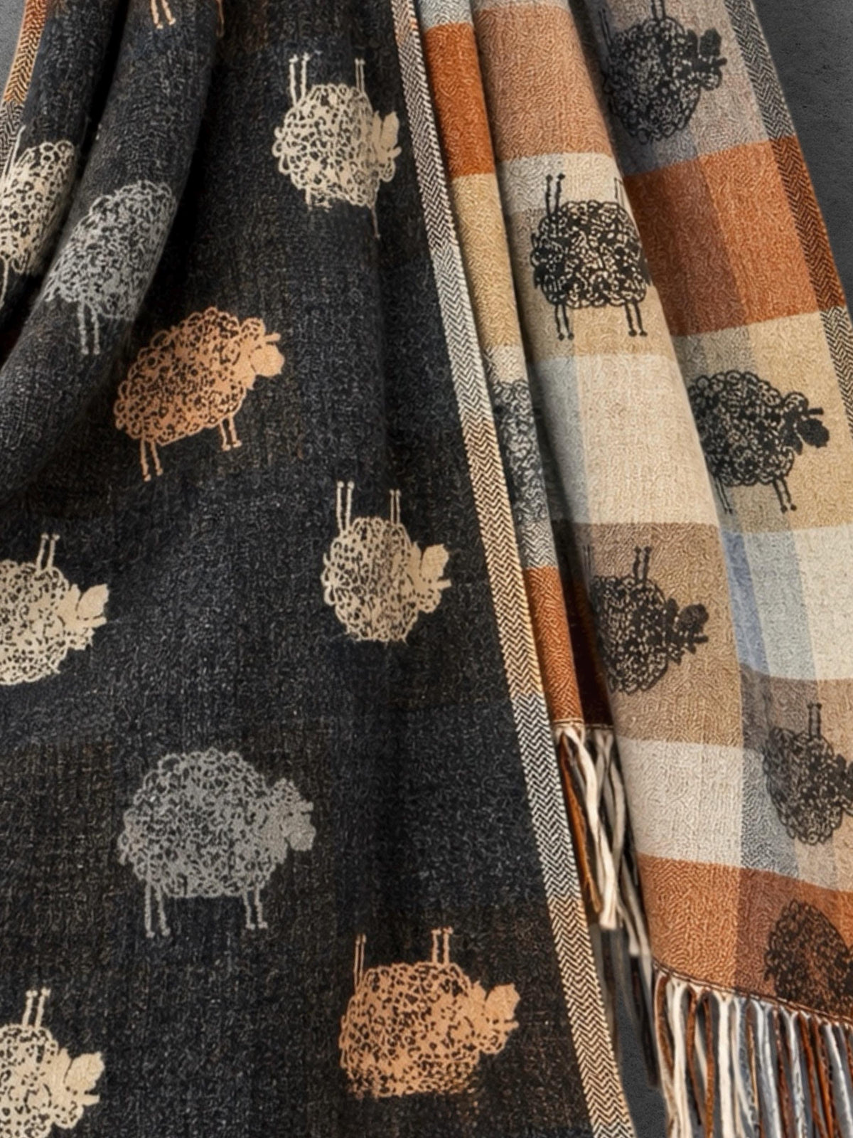 Black Charcoal Sheep Winter Scarf, Reversible Checked Wrap, Cute Farm Animal Pattern, Warm Neutral Accessory, Cosy Seasonal Gift