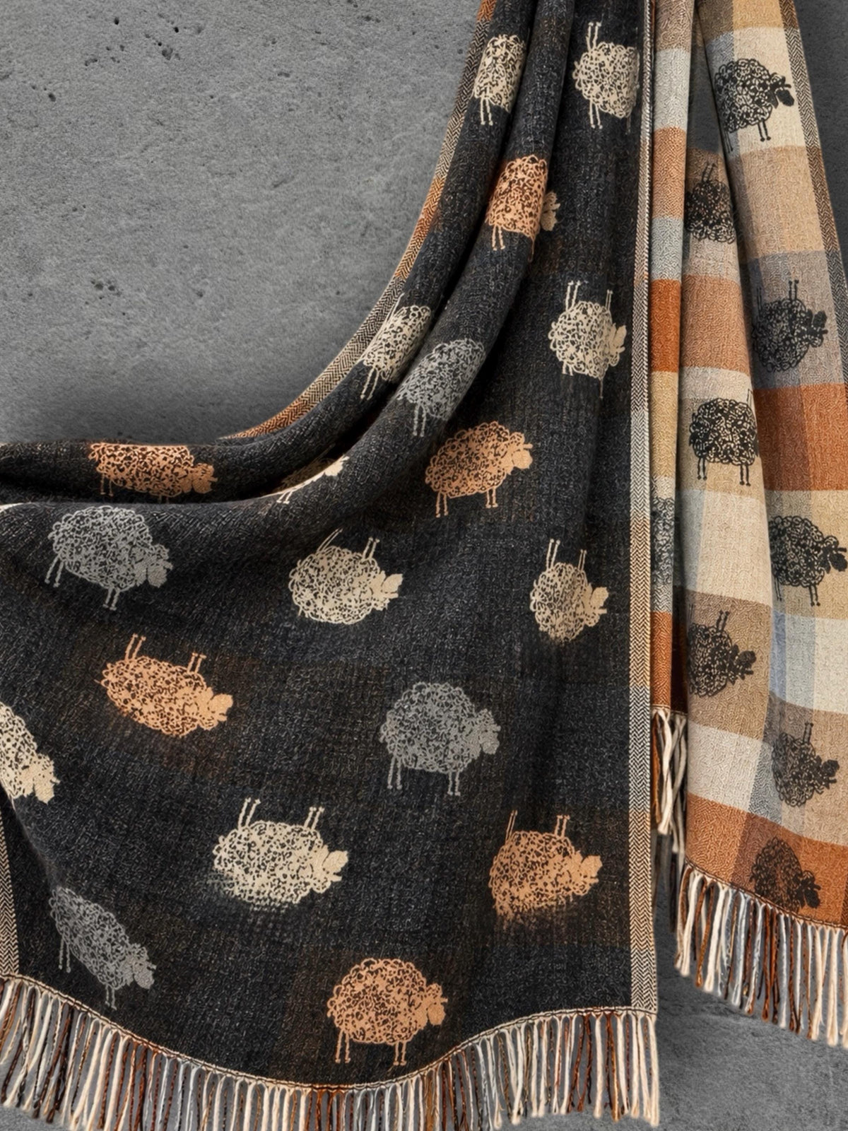 Black Charcoal Sheep Winter Scarf, Reversible Checked Wrap, Cute Farm Animal Pattern, Warm Neutral Accessory, Cosy Seasonal Gift