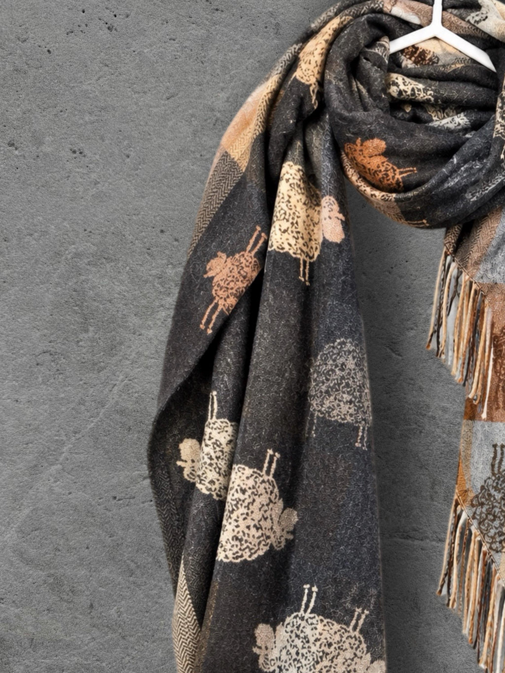 Black Charcoal Sheep Winter Scarf, Reversible Checked Wrap, Cute Farm Animal Pattern, Warm Neutral Accessory, Cosy Seasonal Gift