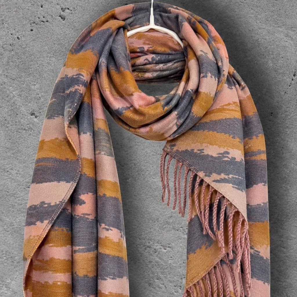Blush Pink Grey Mustard Brrushed Abstract Winter Scarf, Reversible Warm Shawl for Women, Cozy Bohemian Wrap,Ideal Gift for Her