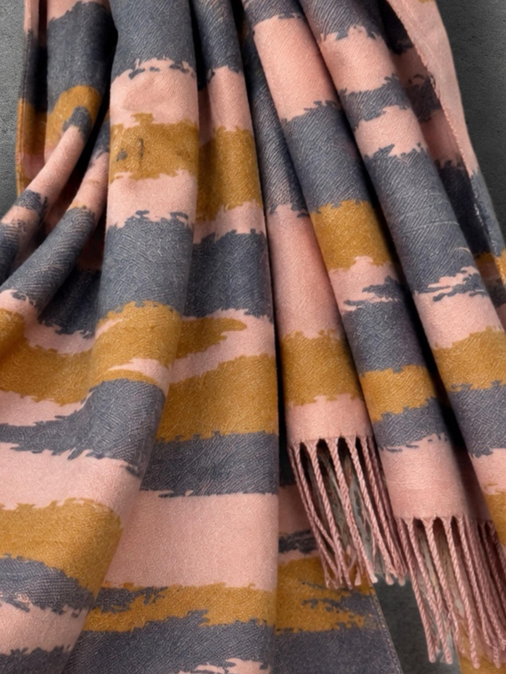 Blush Pink Grey Mustard Brrushed Abstract Winter Scarf, Reversible Warm Shawl for Women, Cozy Bohemian Wrap,Ideal Gift for Her