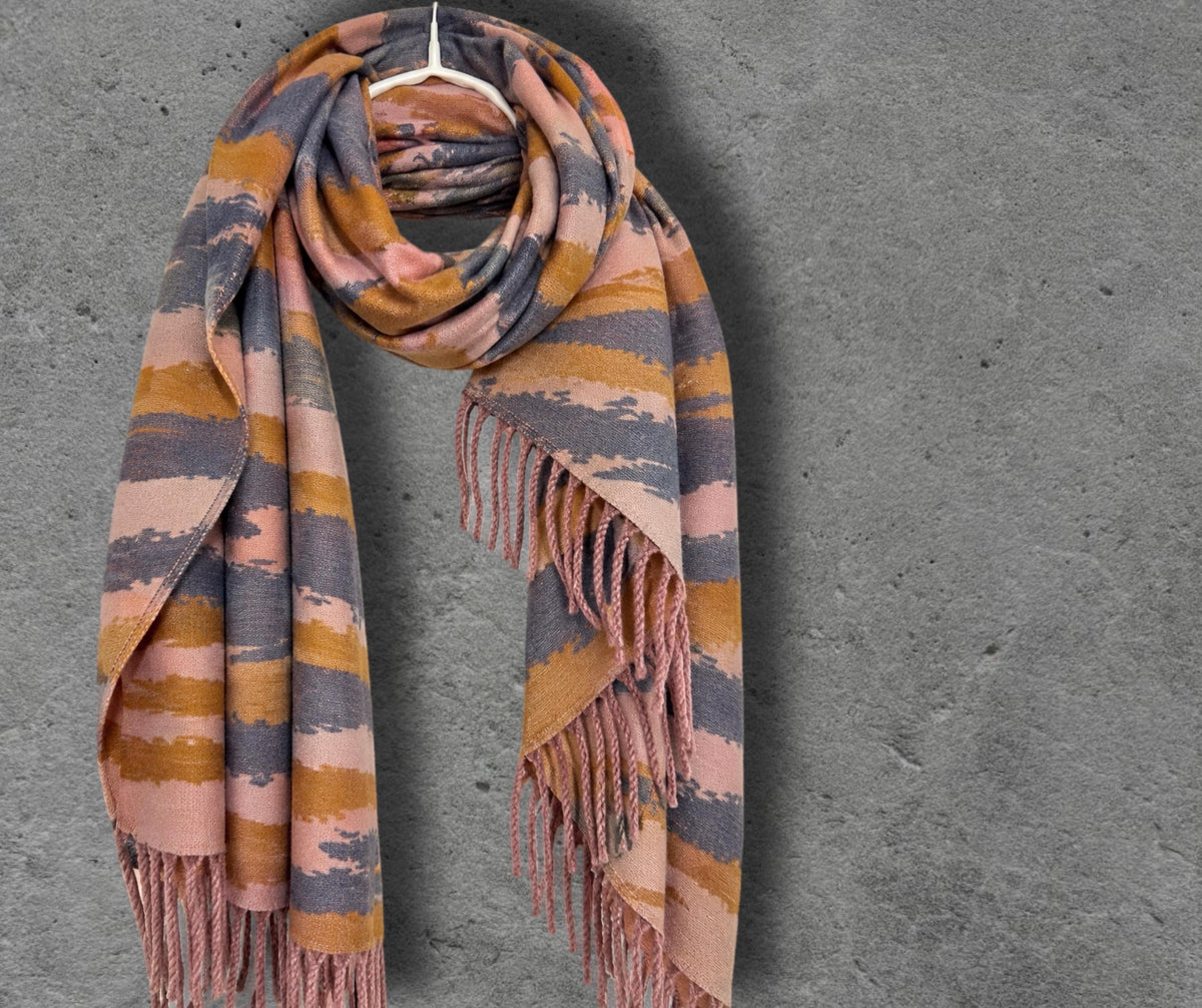 Blush Pink Grey Mustard Brrushed Abstract Winter Scarf, Reversible Warm Shawl for Women, Cozy Bohemian Wrap,Ideal Gift for Her