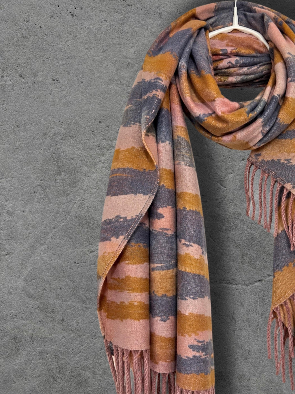 Blush Pink Grey Mustard Brrushed Abstract Winter Scarf, Reversible Warm Shawl for Women, Cozy Bohemian Wrap,Ideal Gift for Her