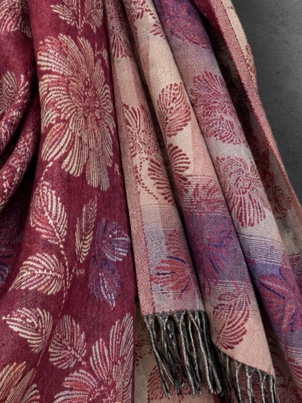 Reversible Burgundy Floral Winter Scarf, Blush Pink Botanical Shawl for Women, Ultra Soft Cozy Wrap, Gifts for Her