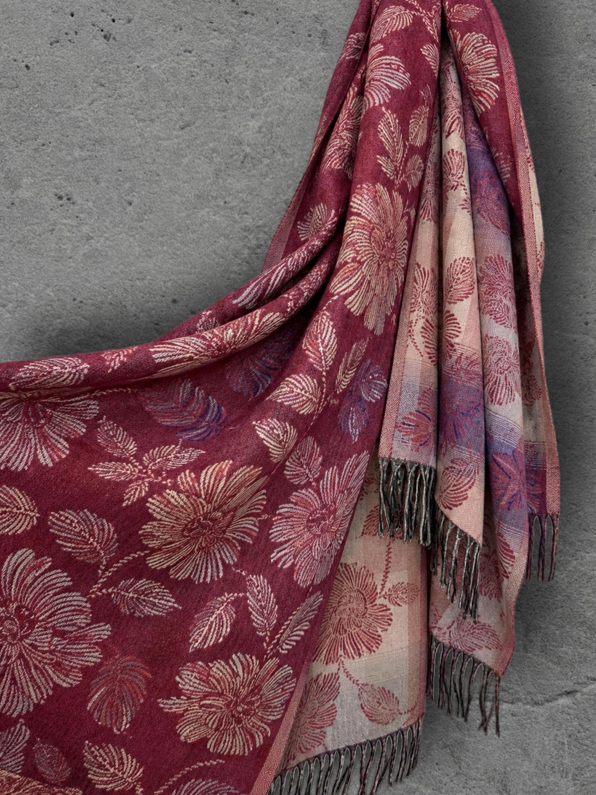 Reversible Burgundy Floral Winter Scarf, Blush Pink Botanical Shawl for Women, Ultra Soft Cozy Wrap, Gifts for Her