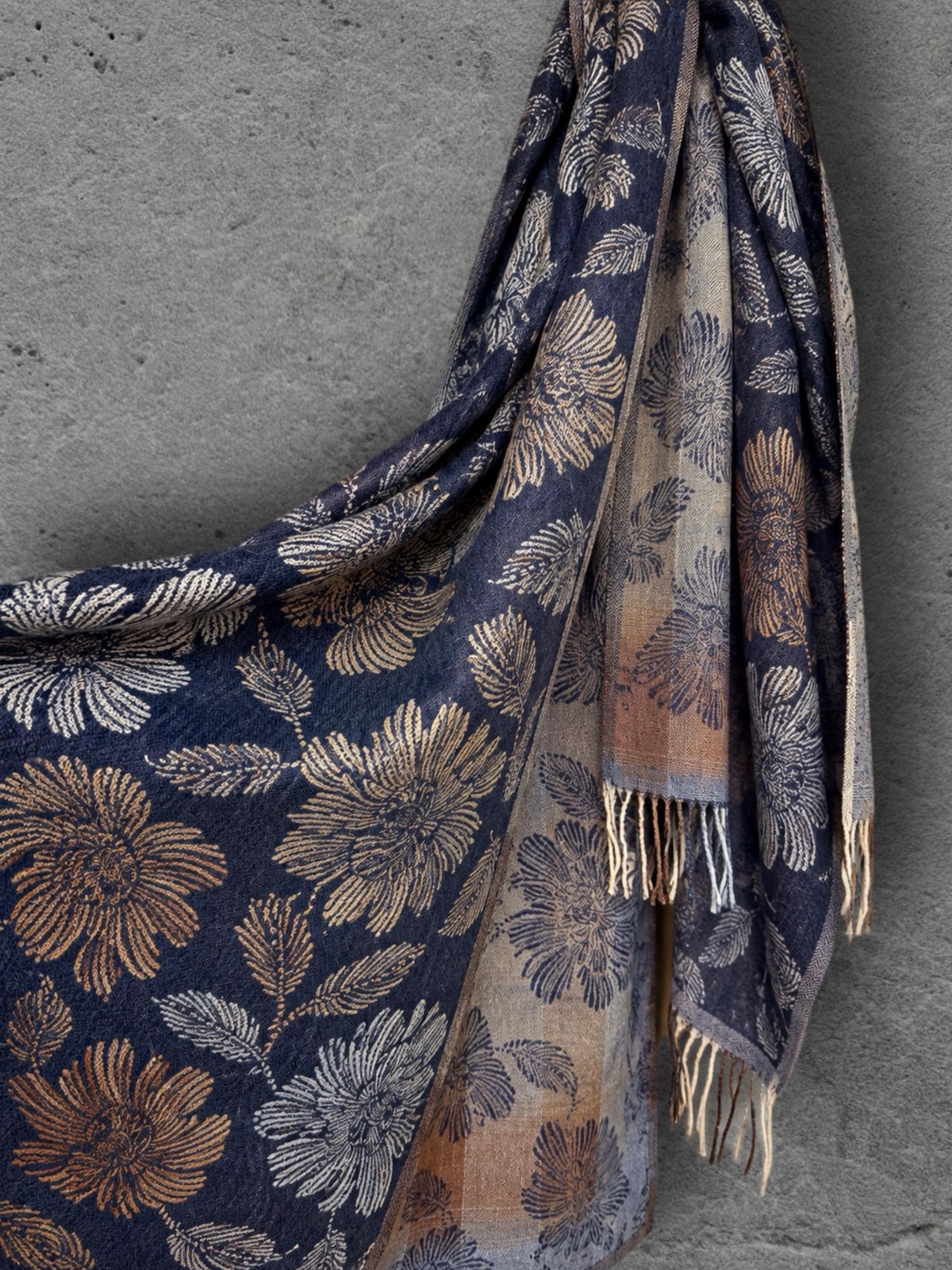 Reversible Navy Floral Winter Scarf, Beige Botanical Wrap for Women, Ultra Soft Luxury Shawl, Warm Gift for Her