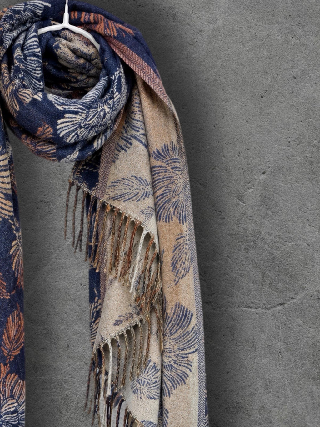 Reversible Navy Floral Winter Scarf, Beige Botanical Wrap for Women, Ultra Soft Luxury Shawl, Warm Gift for Her