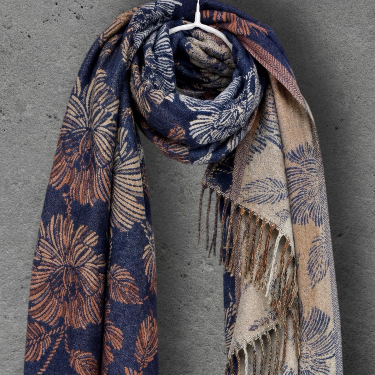 Reversible Navy Floral Winter Scarf, Beige Botanical Wrap for Women, Ultra Soft Luxury Shawl, Warm Gift for Her