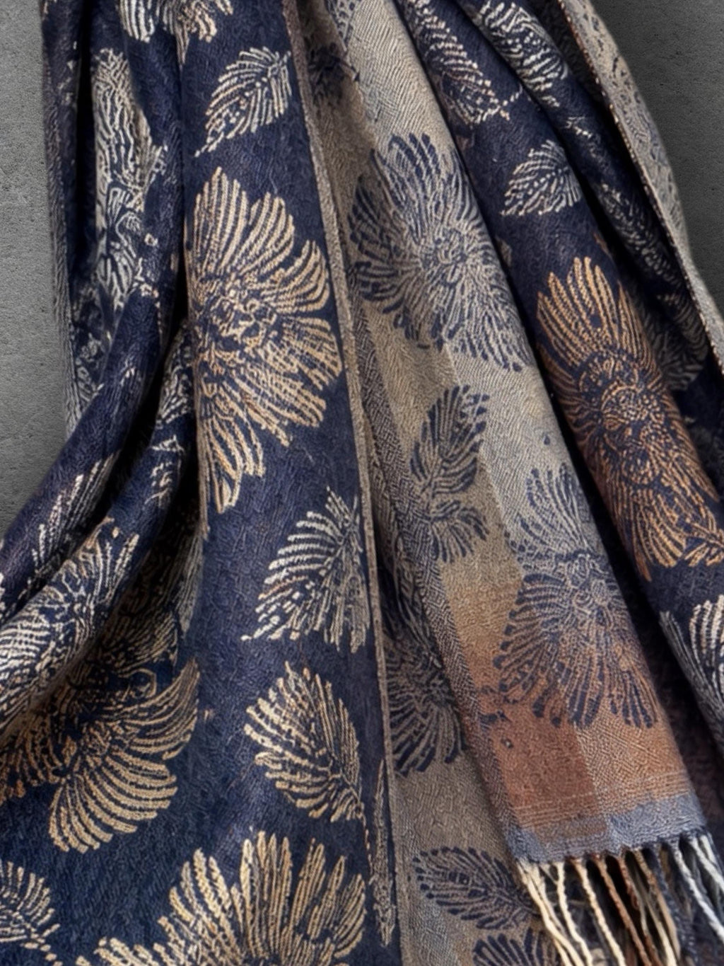 Reversible Navy Floral Winter Scarf, Beige Botanical Wrap for Women, Ultra Soft Luxury Shawl, Warm Gift for Her