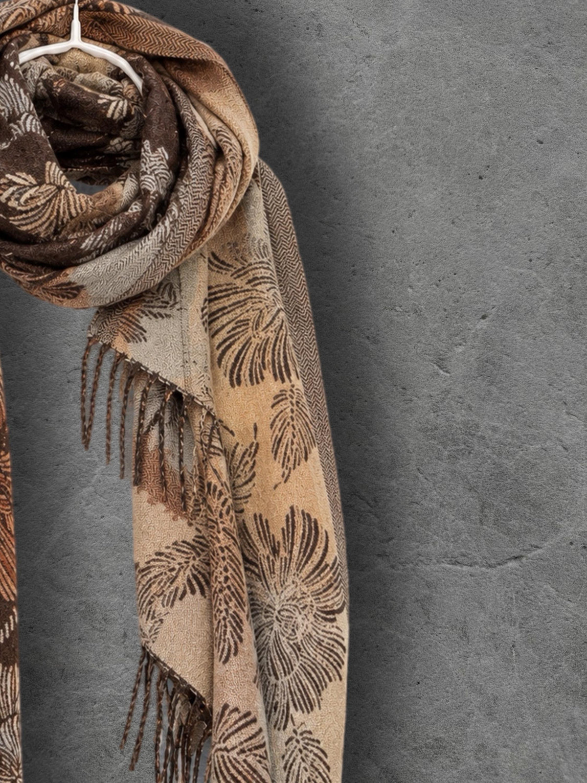 Reversible Brown Floral Winter Scarf, Camel Beige Botanical Wrap for Women, Ultra Soft Cozy Shawl, Warm Gifts for Her