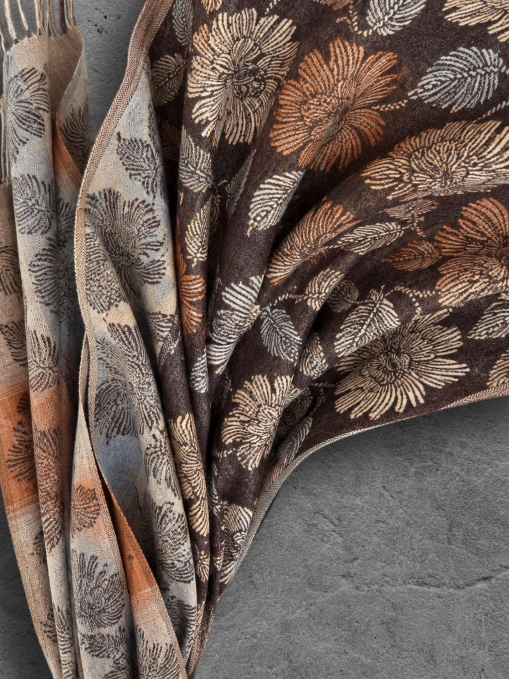 Reversible Brown Floral Winter Scarf, Camel Beige Botanical Wrap for Women, Ultra Soft Cozy Shawl, Warm Gifts for Her