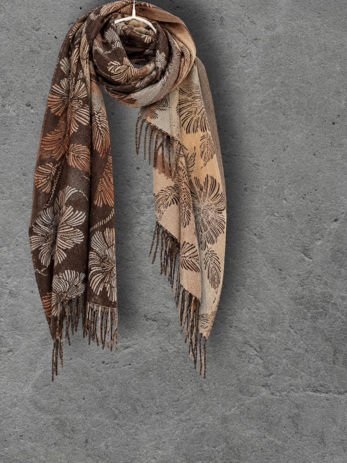 Reversible Brown Floral Winter Scarf, Camel Beige Botanical Wrap for Women, Ultra Soft Cozy Shawl, Warm Gifts for Her