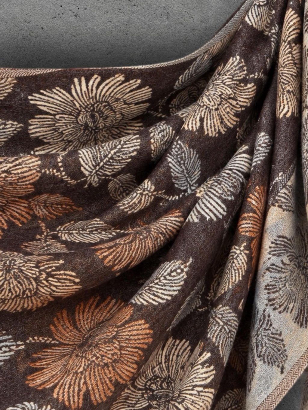Reversible Brown Floral Winter Scarf, Camel Beige Botanical Wrap for Women, Ultra Soft Cozy Shawl, Warm Gifts for Her