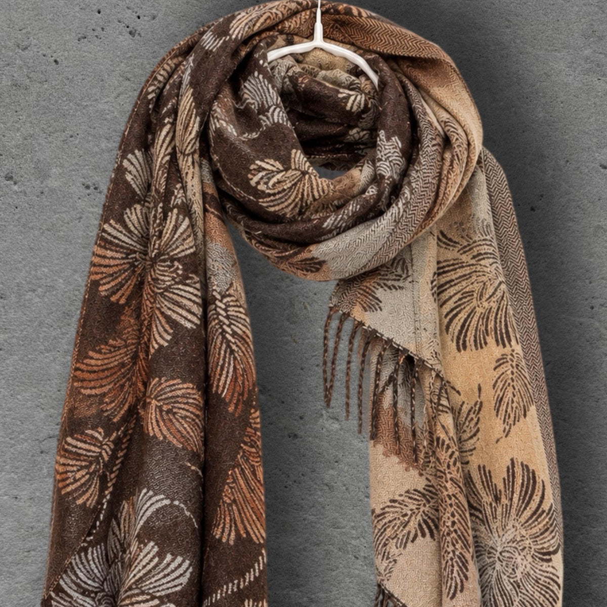 Reversible Brown Floral Winter Scarf, Camel Beige Botanical Wrap for Women, Ultra Soft Cozy Shawl, Warm Gifts for Her