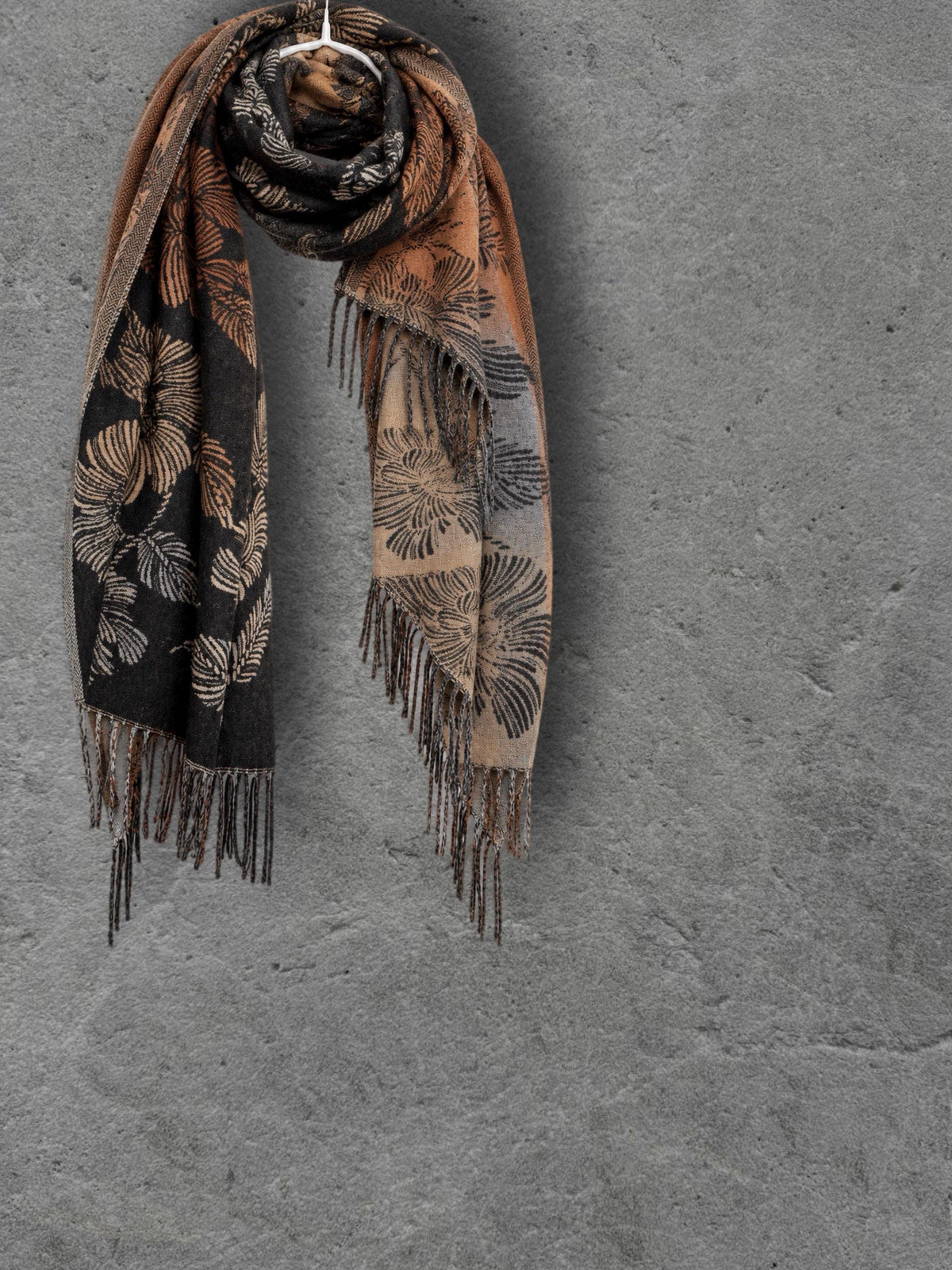Reversible Black and Beige Floral Winter Scarf, Ultra Soft Shawl for Women, Botanical Pattern Wrap, Warm Gifts for Her