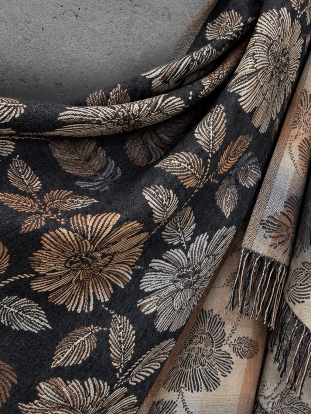 Reversible Black and Beige Floral Winter Scarf, Ultra Soft Shawl for Women, Botanical Pattern Wrap, Warm Gifts for Her