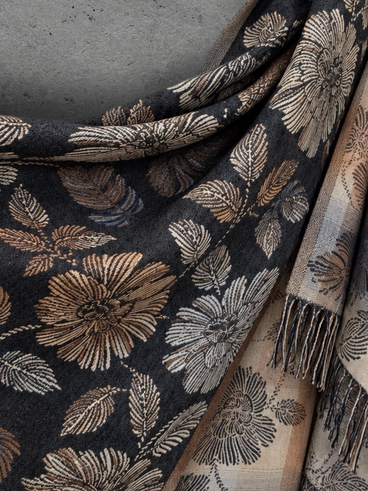 Reversible Black and Beige Floral Winter Scarf, Ultra Soft Shawl for Women, Botanical Pattern Wrap, Warm Gifts for Her