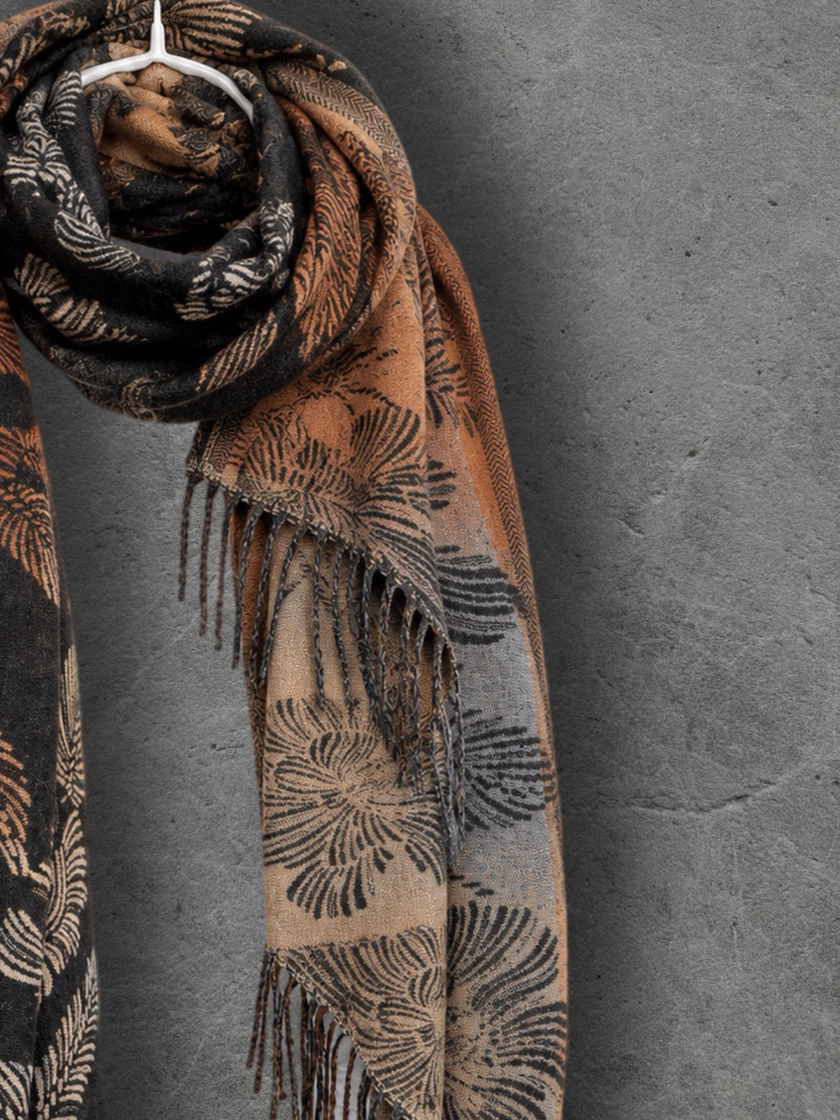 Reversible Black and Beige Floral Winter Scarf, Ultra Soft Shawl for Women, Botanical Pattern Wrap, Warm Gifts for Her