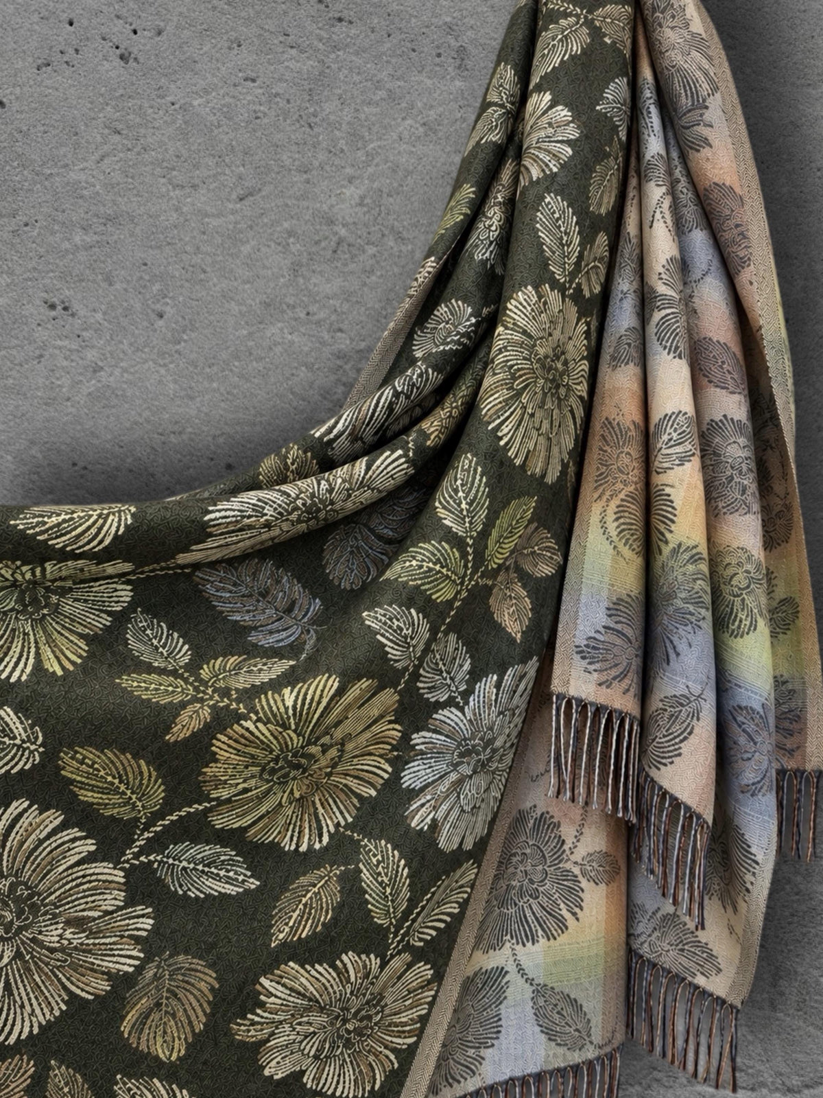 Reversible Olive Green Floral Winter Scarf, Beige Botanical Women Wrap, Ultra Soft Warm Shawl, Thoughtful Gifts for Her