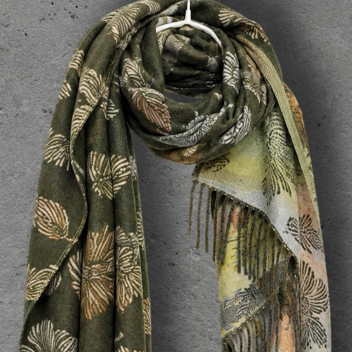 Reversible Olive Green Floral Winter Scarf, Beige Botanical Women Wrap, Ultra Soft Warm Shawl, Thoughtful Gifts for Her