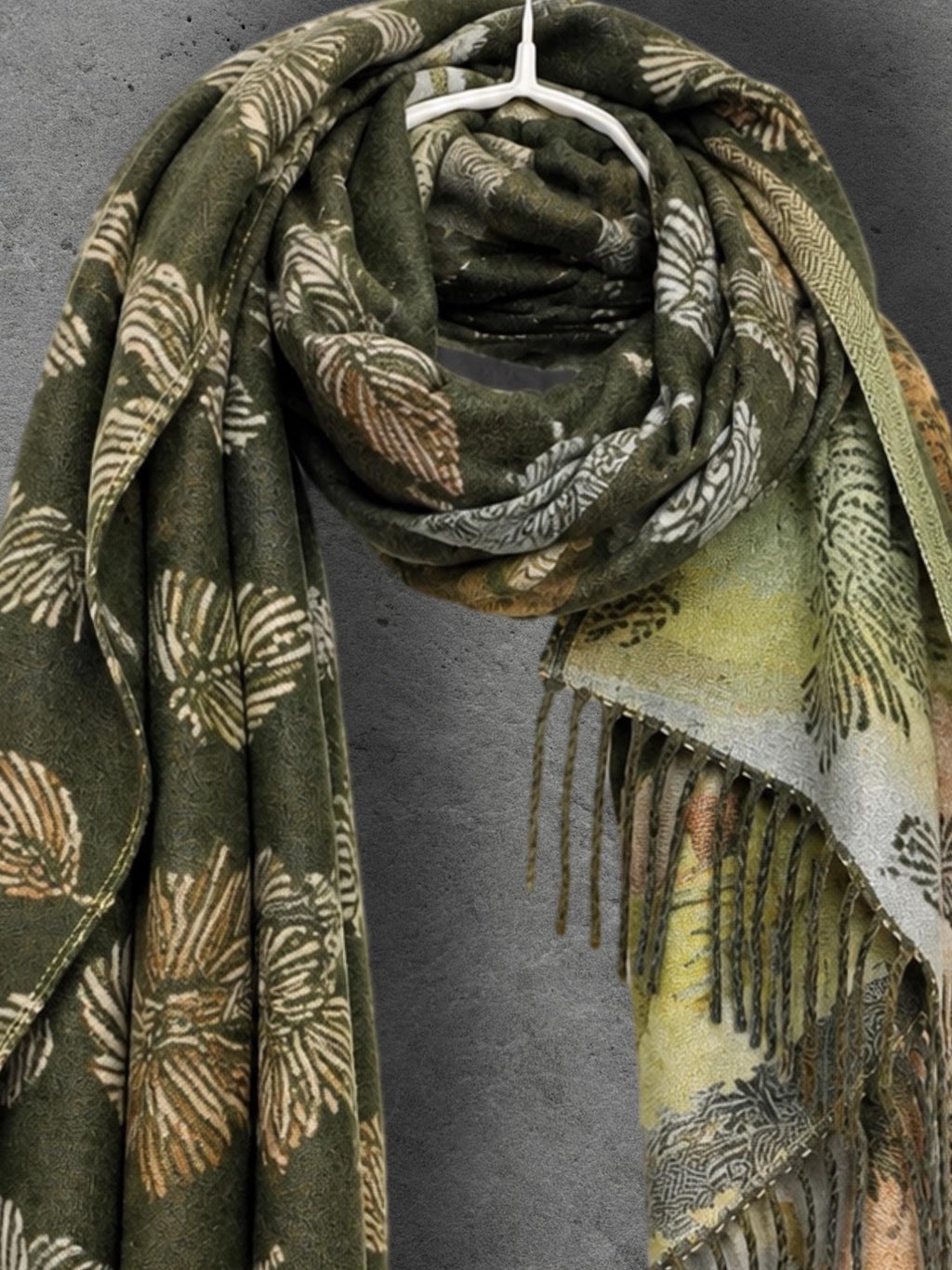 Reversible Olive Green Floral Winter Scarf, Beige Botanical Women Wrap, Ultra Soft Warm Shawl, Thoughtful Gifts for Her
