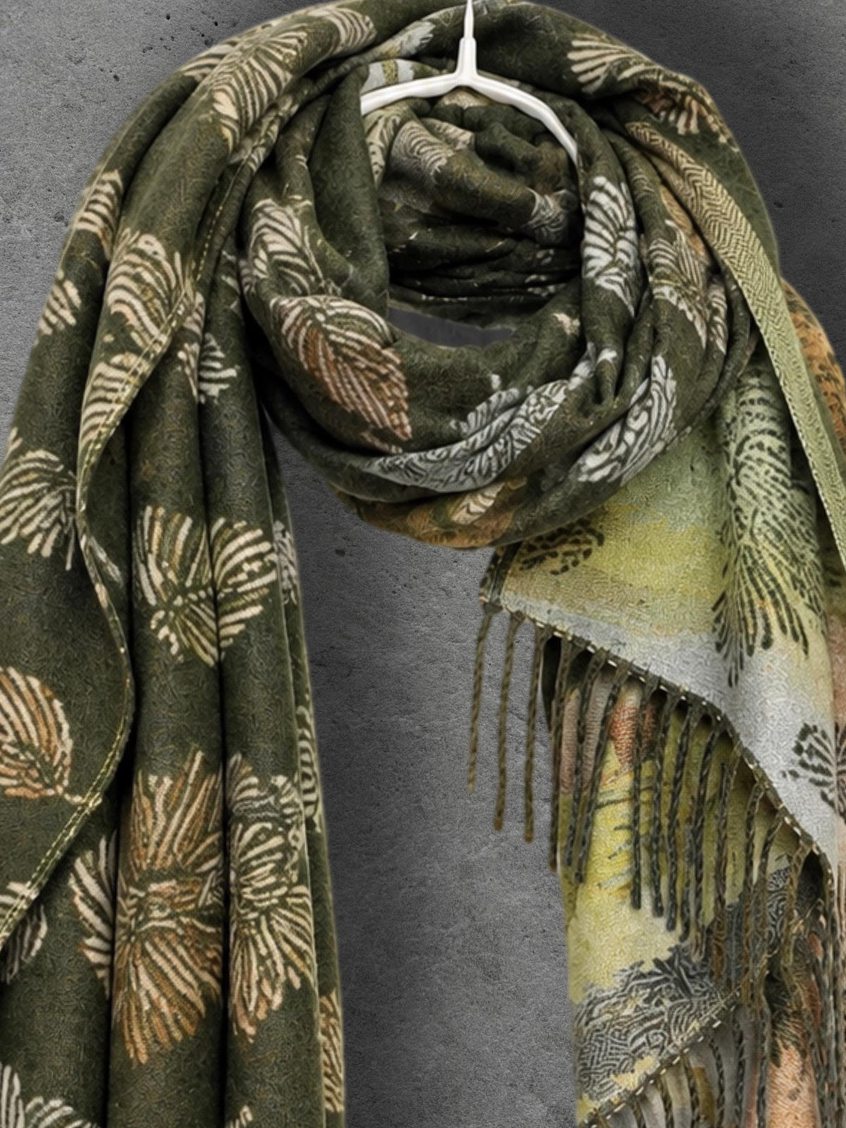 Reversible Olive Green Floral Winter Scarf, Beige Botanical Women Wrap, Ultra Soft Warm Shawl, Thoughtful Gifts for Her