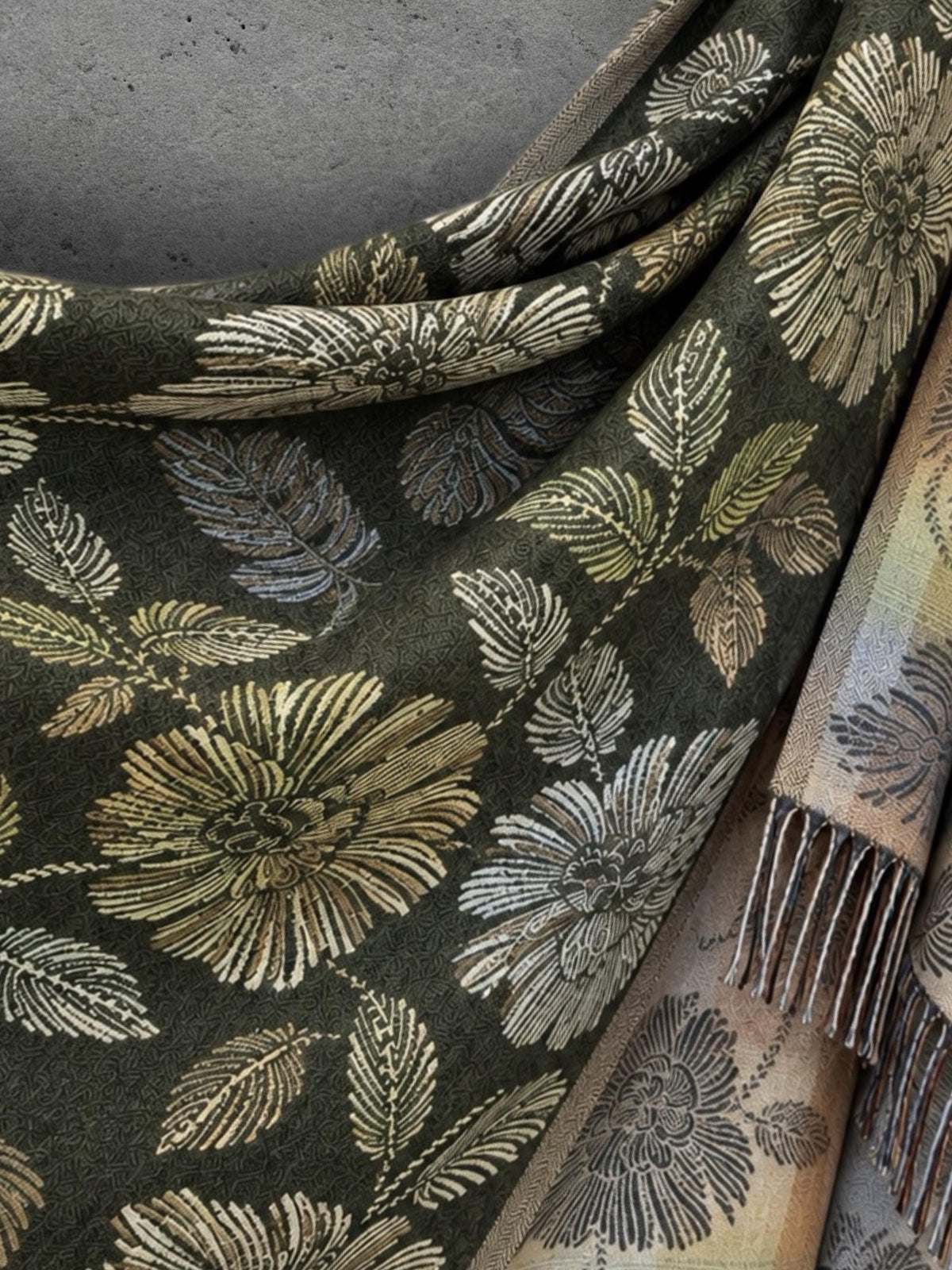 Reversible Olive Green Floral Winter Scarf, Beige Botanical Women Wrap, Ultra Soft Warm Shawl, Thoughtful Gifts for Her