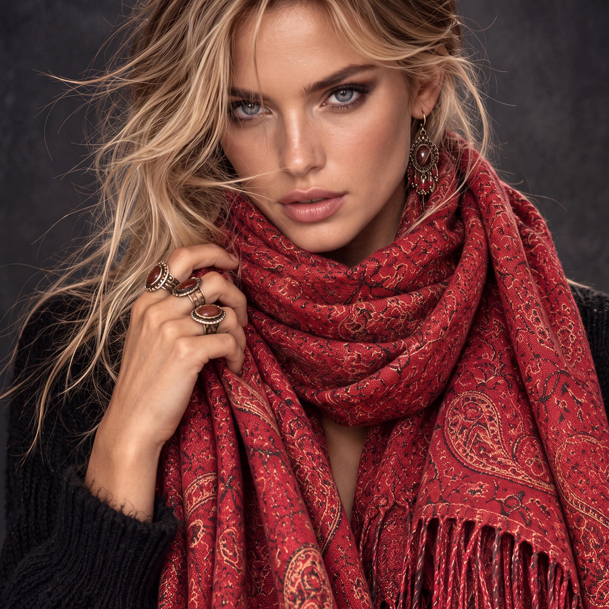 Red Paisley Reversible Winter Scarf, Bohemian Wrap Vintage Ornamental Shawl, Soft Warm Women Gift