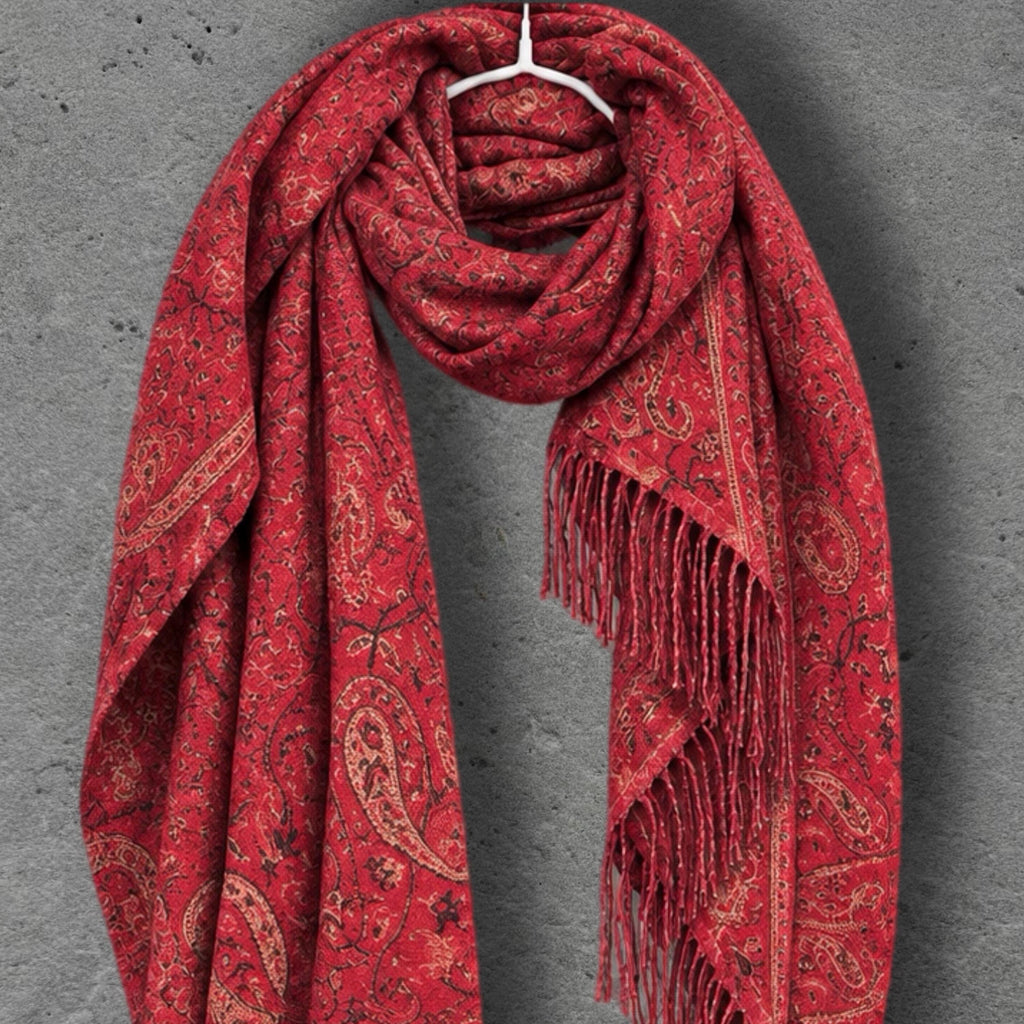 Red Paisley Reversible Winter Scarf, Bohemian Wrap Vintage Ornamental Shawl, Soft Warm Women Gift