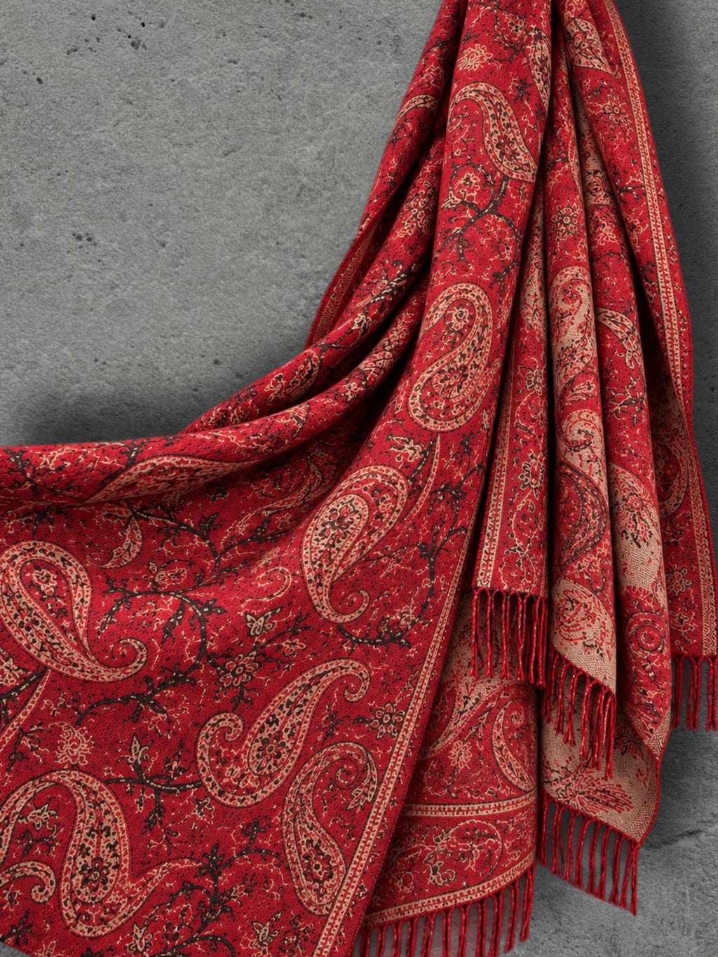 Red Paisley Reversible Winter Scarf, Bohemian Wrap Vintage Ornamental Shawl, Soft Warm Women Gift
