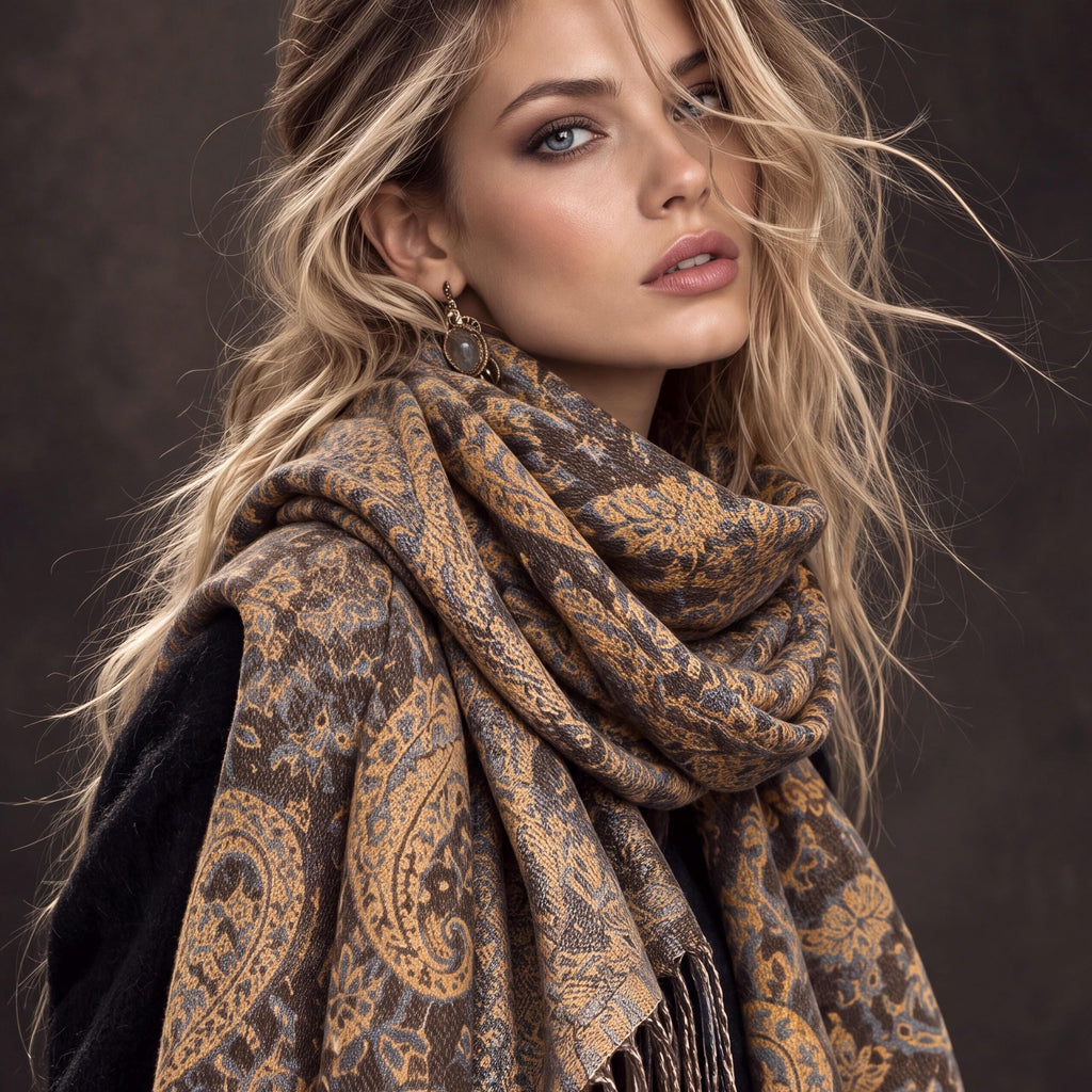 Brown Mustard Yellow Heritage Winter Scarf, Reversible Paisley Jacquard Boho Wrap, Antique Inspired Womens Accessory,Ideal Gifts for Her