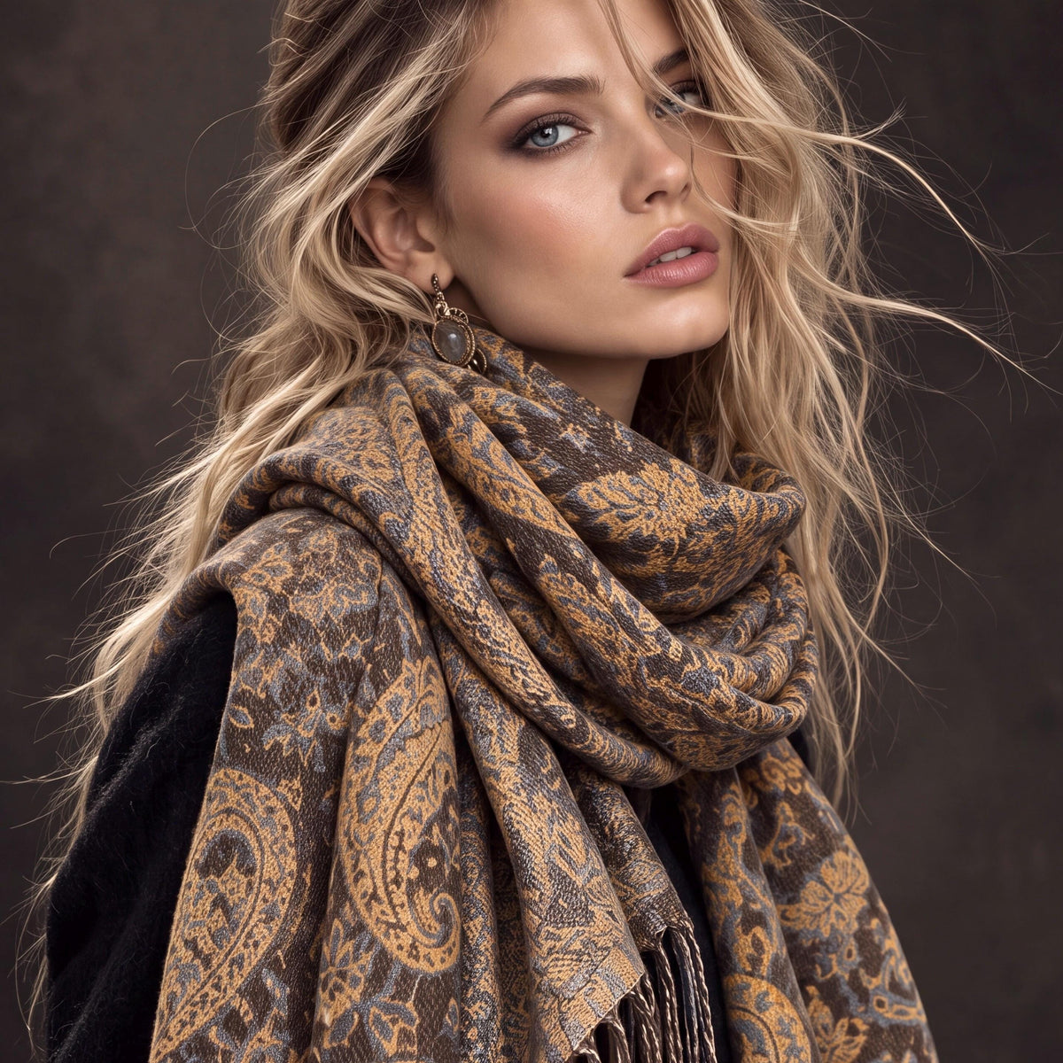 Brown Mustard Yellow Heritage Winter Scarf, Reversible Paisley Jacquard Boho Wrap, Antique Inspired Womens Accessory,Ideal Gifts for Her
