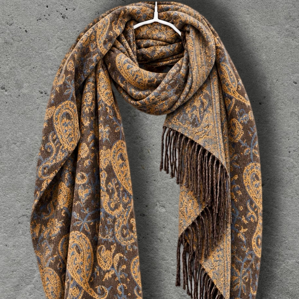 Brown Mustard Yellow Heritage Winter Scarf, Reversible Paisley Jacquard Boho Wrap, Antique Inspired Womens Accessory,Ideal Gifts for Her