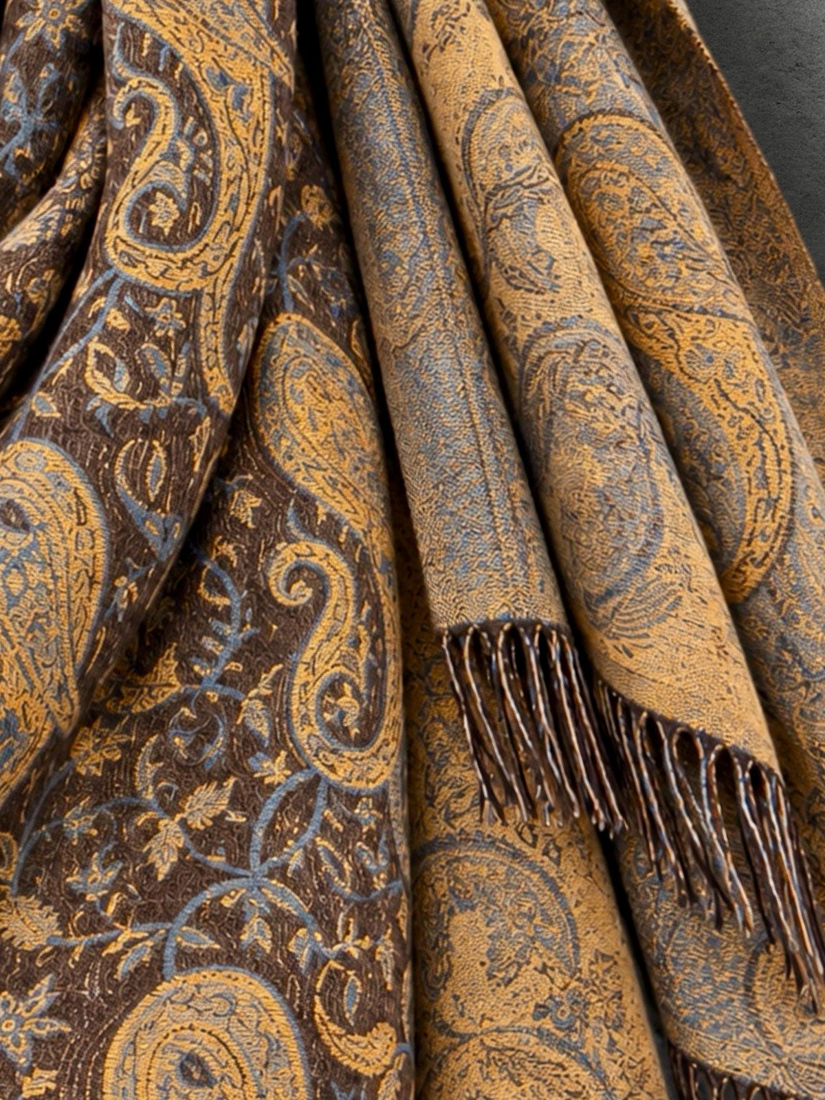 Brown Mustard Yellow Heritage Winter Scarf, Reversible Paisley Jacquard Boho Wrap, Antique Inspired Womens Accessory,Ideal Gifts for Her