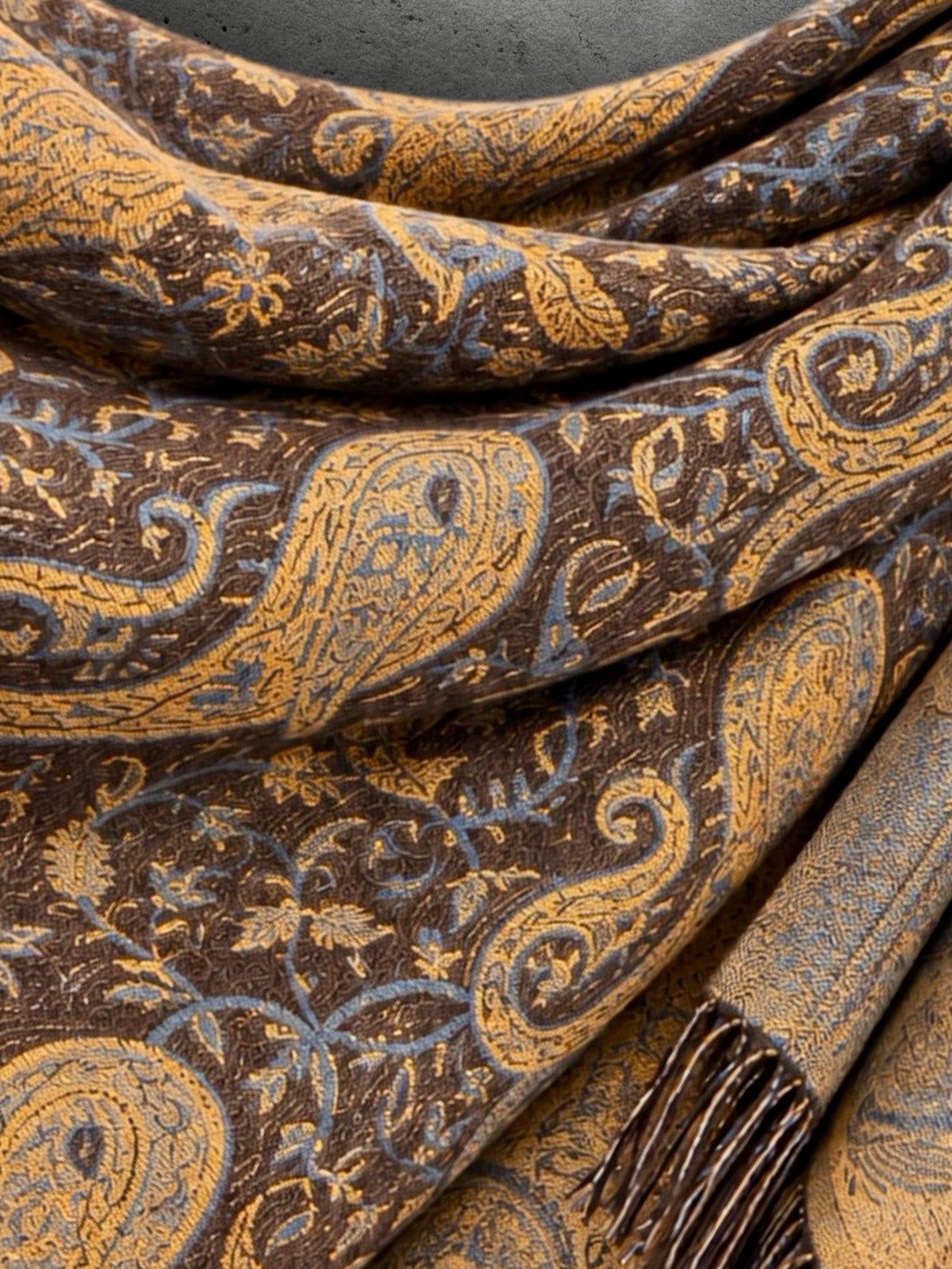 Brown Mustard Yellow Heritage Winter Scarf, Reversible Paisley Jacquard Boho Wrap, Antique Inspired Womens Accessory,Ideal Gifts for Her