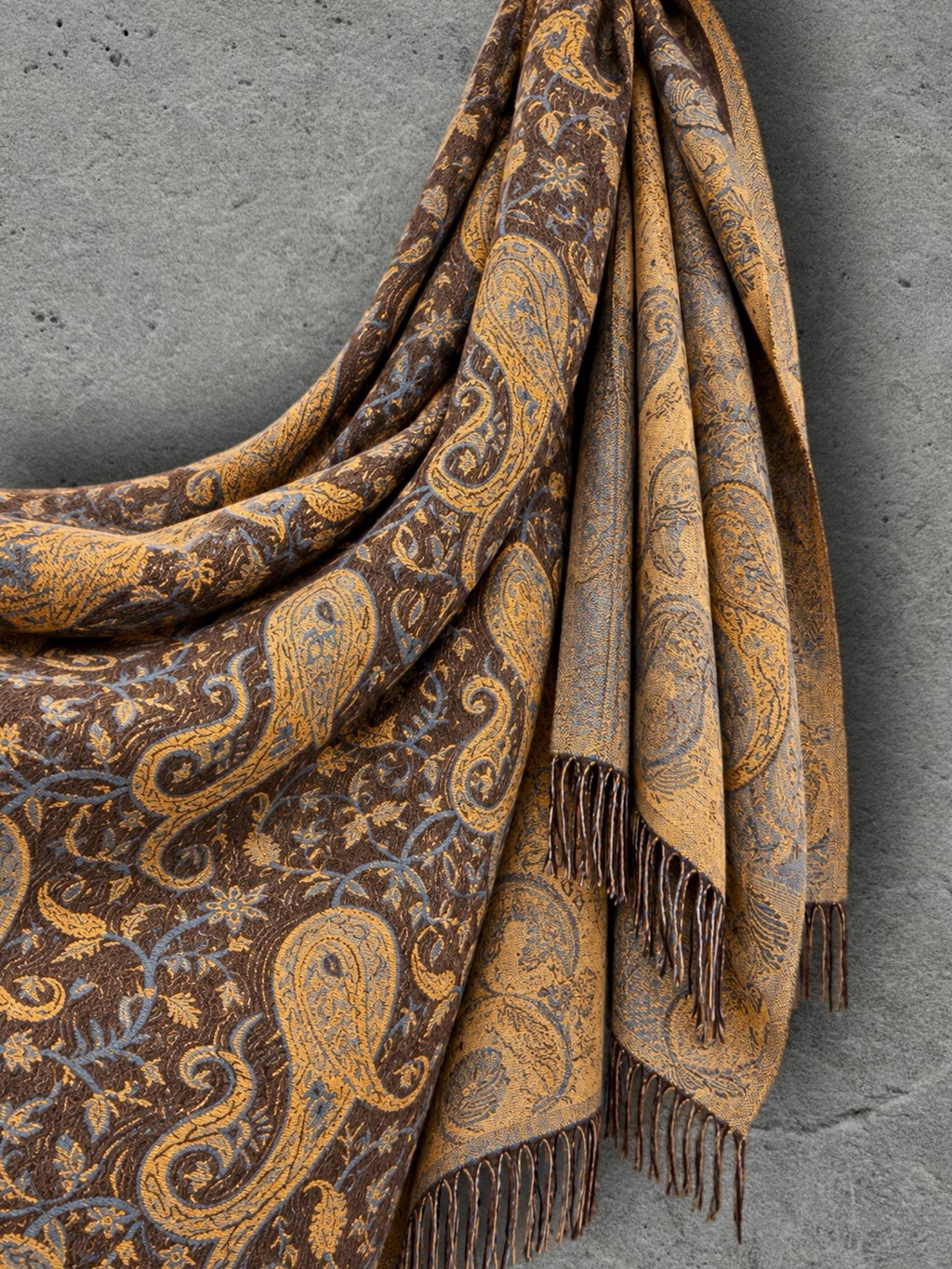 Brown Mustard Yellow Heritage Winter Scarf, Reversible Paisley Jacquard Boho Wrap, Antique Inspired Womens Accessory,Ideal Gifts for Her