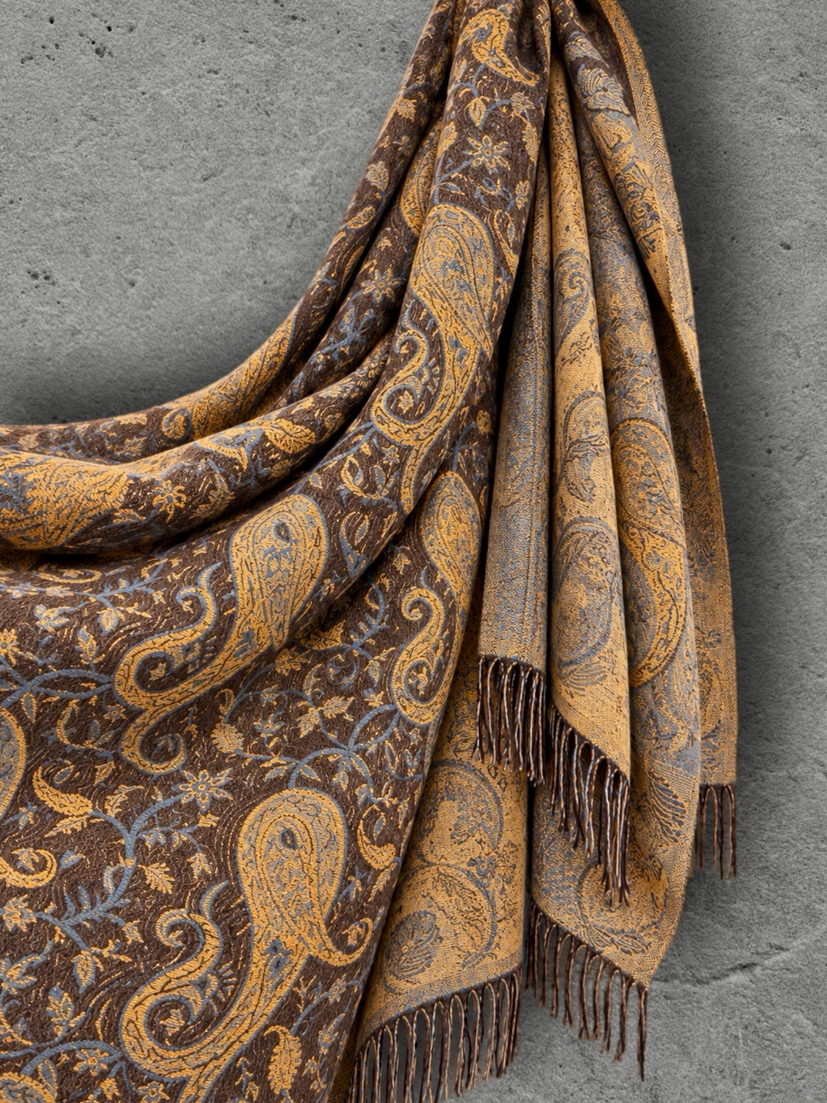 Brown Mustard Yellow Heritage Winter Scarf, Reversible Paisley Jacquard Boho Wrap, Antique Inspired Womens Accessory,Ideal Gifts for Her
